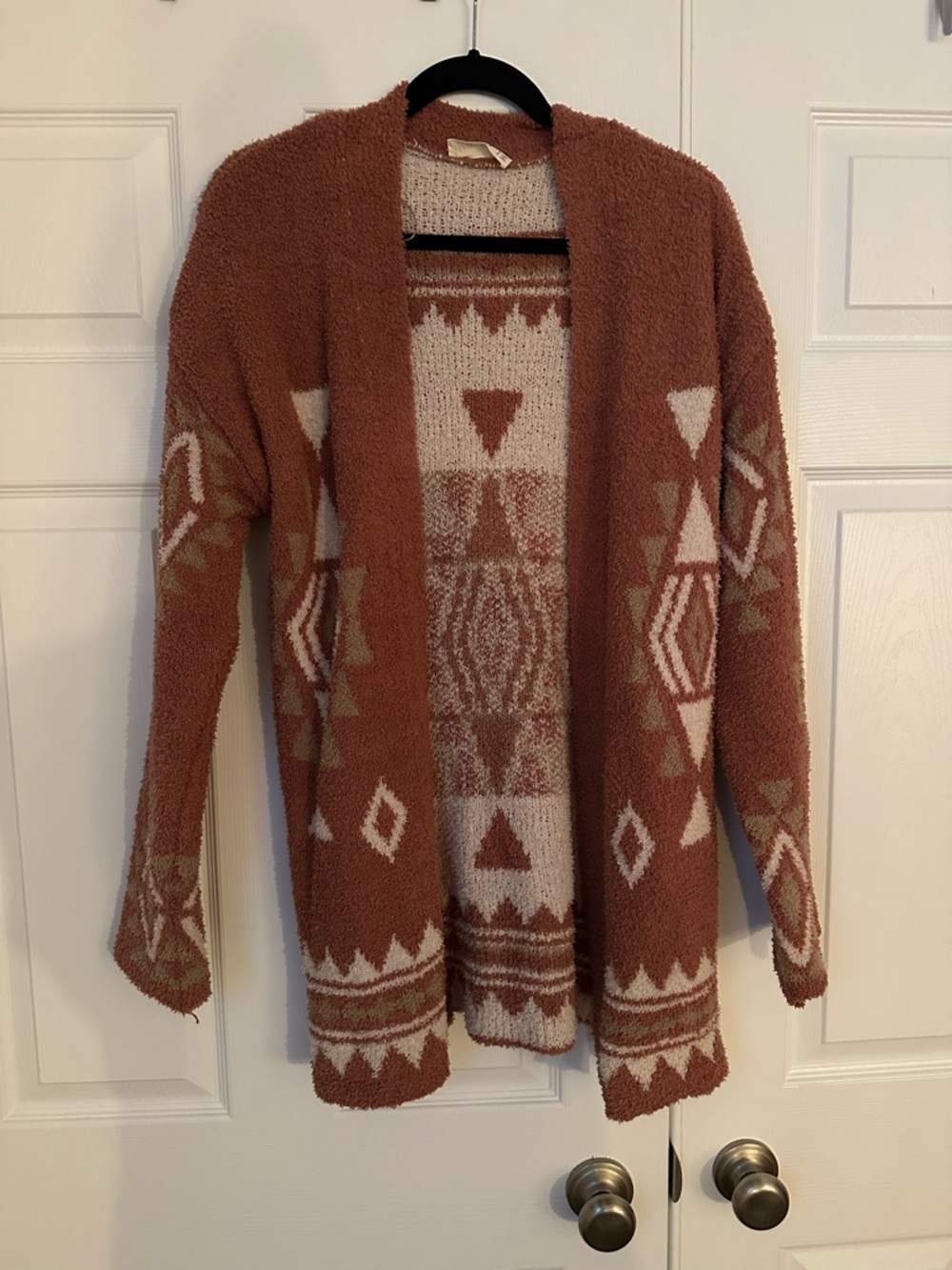 Cozy Geometric Open-Front Women's Sweater Cardigan - Rust/Cream